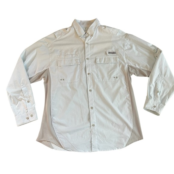 Columbia PFG Men's Size M Omni Freeze Long Sleeve Button Up White Blue Print - Picture 1 of 8